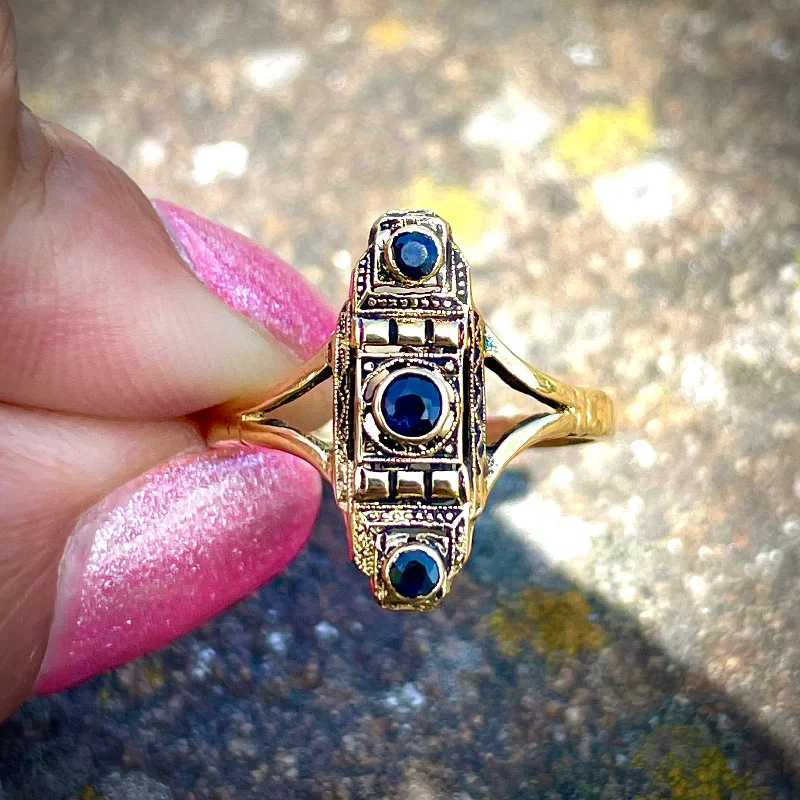 elegant wedding bands for women -Estate 14K Yellow Gold Victorian-Style Ring with Blue Sapphires