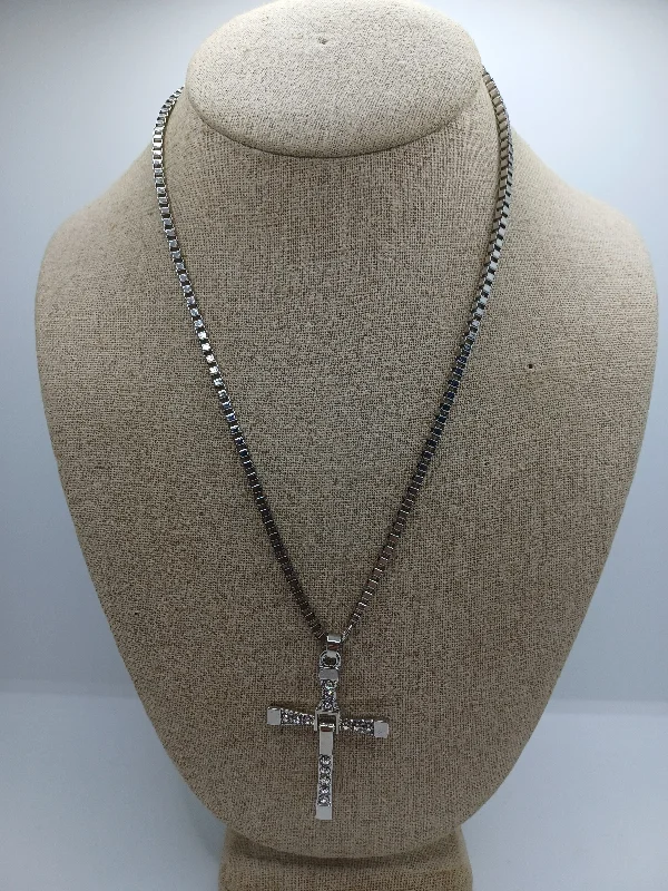 celebrity-inspired necklaces for women -Silver Cross Necklace w/ Rhinestones