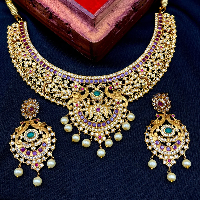 women’s necklaces -Royal Matte Gold Peacock Necklace Set