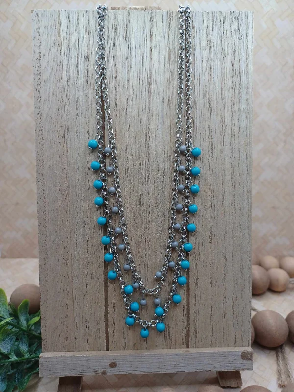 affordable gold necklaces for women -Double Layered Silver Necklace w/ Turquoise & Grey Beaded Layers