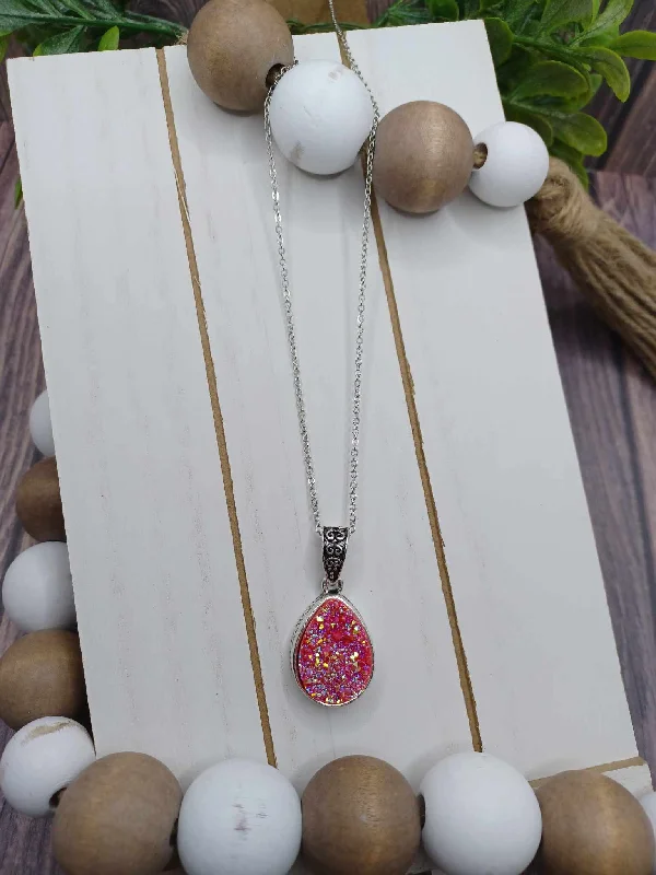 fashion-forward necklaces for women -Silver Necklace w/ Pink Druzy Teardrop Pendant