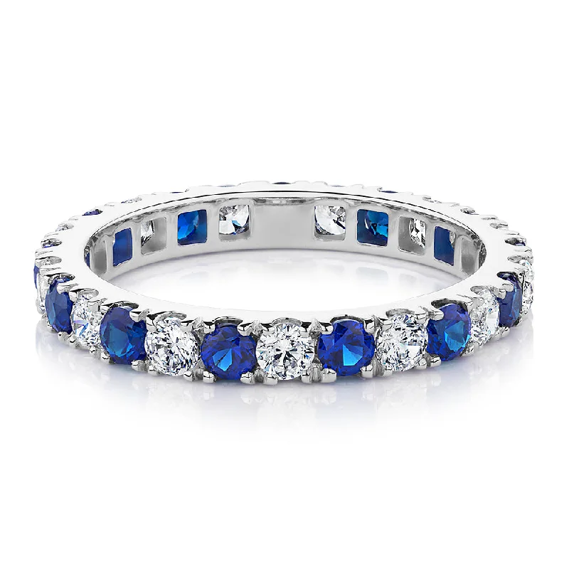 engraved rings for women -All-rounder eternity band with sapphire simulants and 0.78 carats* of diamond simulants in 14 carat white gold