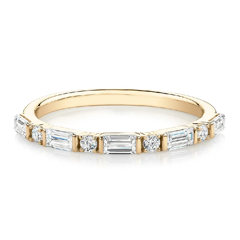 custom gold rings -Baguette wedding or eternity band with 0.75 carats* of diamond simulants in 10 carat yellow gold