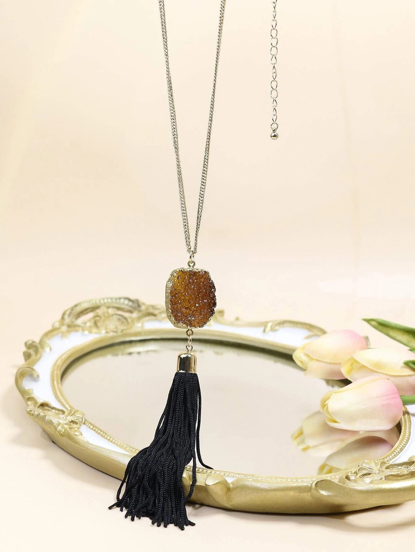 symbolic charm necklaces for women -Silver Necklace w/ Black Tassel & Brown Druzy Pendant