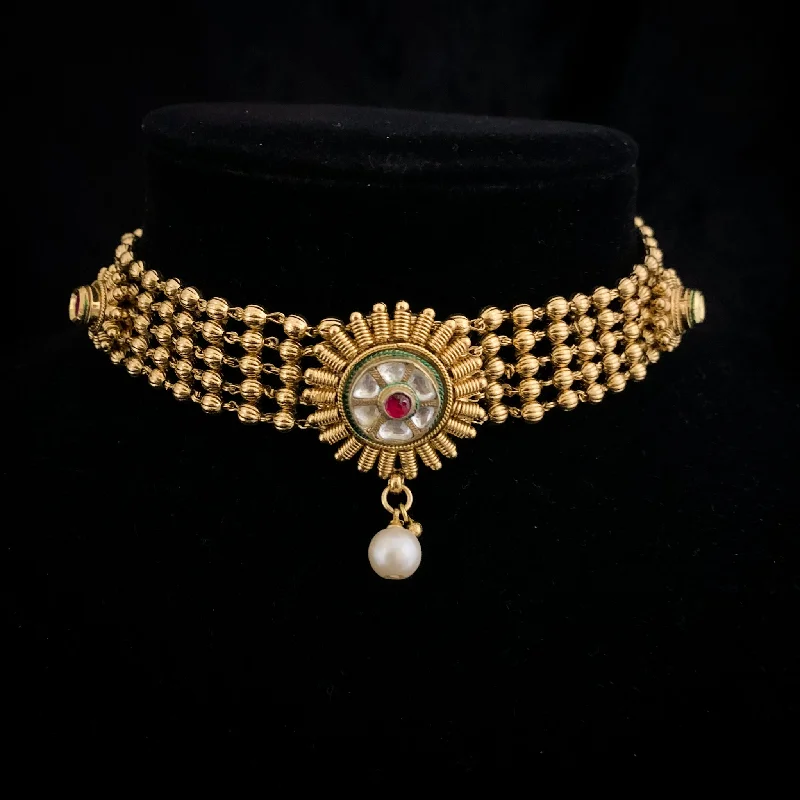 pearl necklaces for women -Beautiful Traditional Antique Gold Choker Necklace Set with Kundan stones and Jhumka