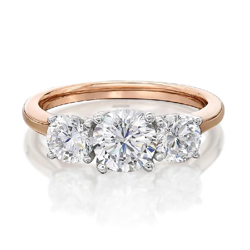 stackable diamond rings -Three stone ring with 2 carats* of diamond simulants in 10 carat rose and white gold