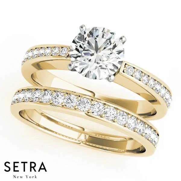 affordable solitaire engagement rings -SET OF DIAMOND ENGAGEMENT & WEDDNG BAND RINGS SINGLE ROW 14K GOLD