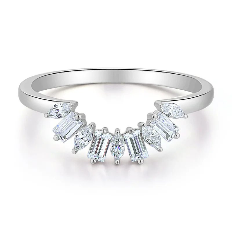 modern rings for women -Baguette curved wedding or eternity band with 0.45 carats* of diamond simulants in 10 carat white gold