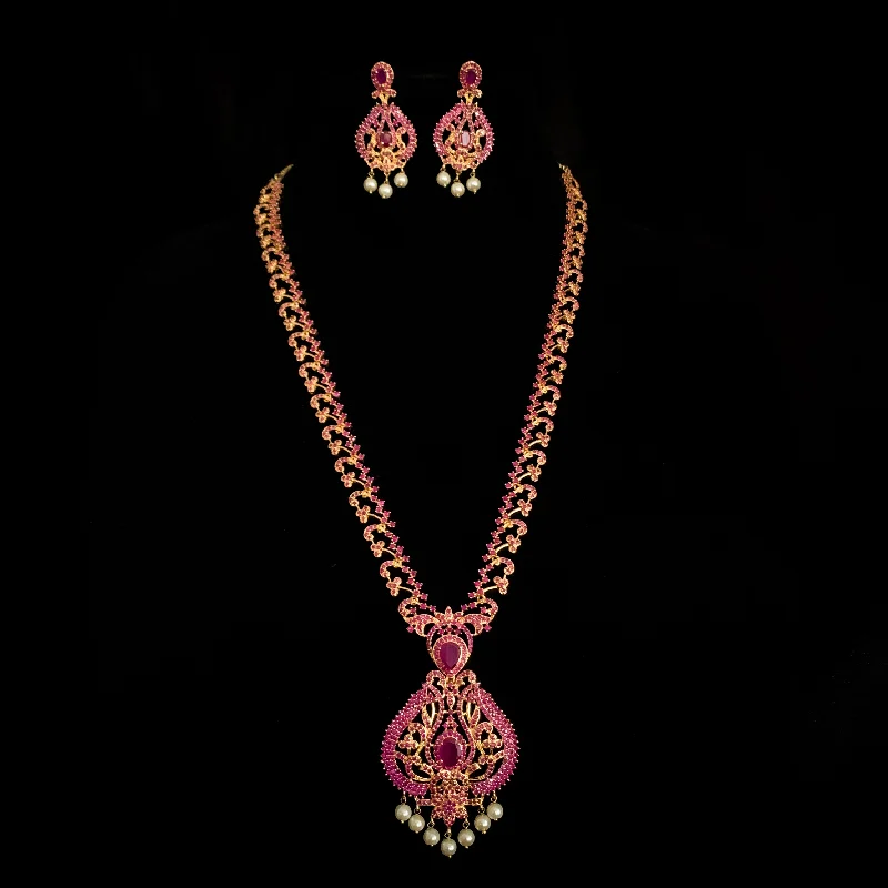 silver chain necklaces for women -Exquisite Traditional Long Ruby Red Zircon (CZ) Haaram Necklace Set with pearl dangle