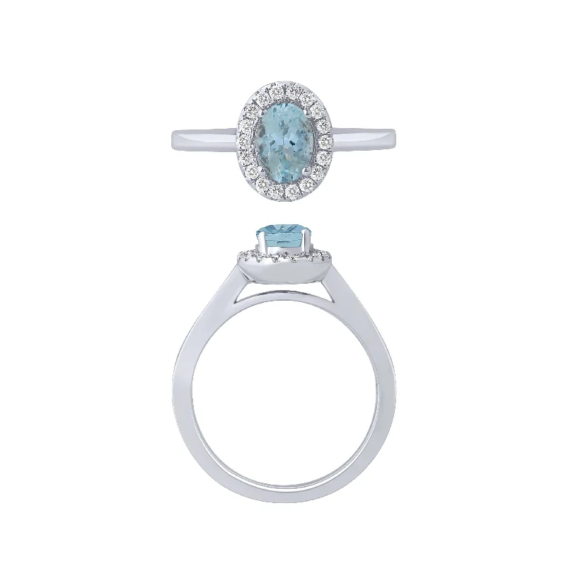 anniversary rings for women -14K White Gold Aquamarine And Diamond Halo Ring