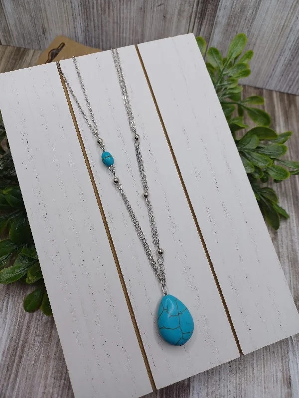 bridal diamond necklaces for women -Silver Necklace w/ Turquoise Teardrop Beaded Pendant