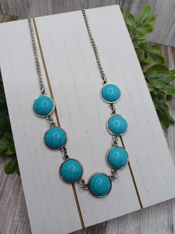 precious stone pendants for women -Silver Necklace w/ Turquoise Crackle Stone Pendants