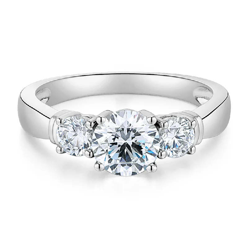 classic solitaire rings -Three stone ring with 1.53 carats* of diamond simulants in 14 carat white gold