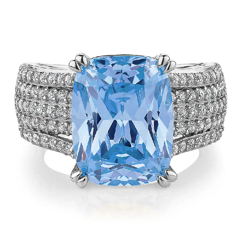 luxury platinum rings -Dress ring with blue topaz simulant and 0.9 carats* of diamond simulants in sterling silver