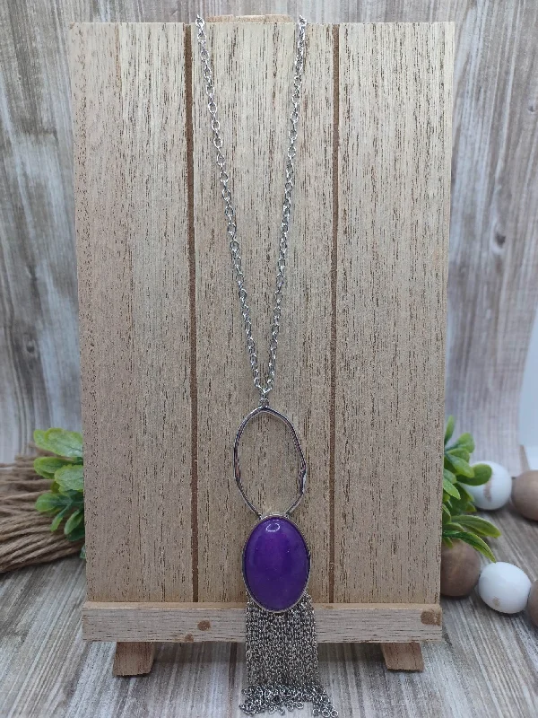 romantic necklaces for women -Silver Necklace w/ Purple Pendant & Tassels