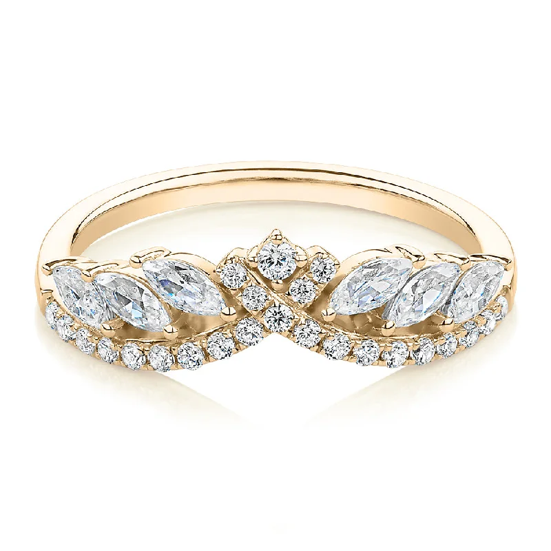 geometric rings for women -Marquise curved wedding or eternity band with 0.76 carats* of diamond simulants in 10 carat yellow gold