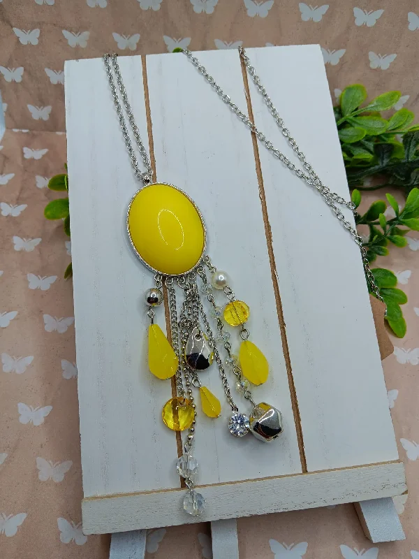 custom necklaces for women -Silver Necklace w/ Yellow & Clear Beaded Pendant