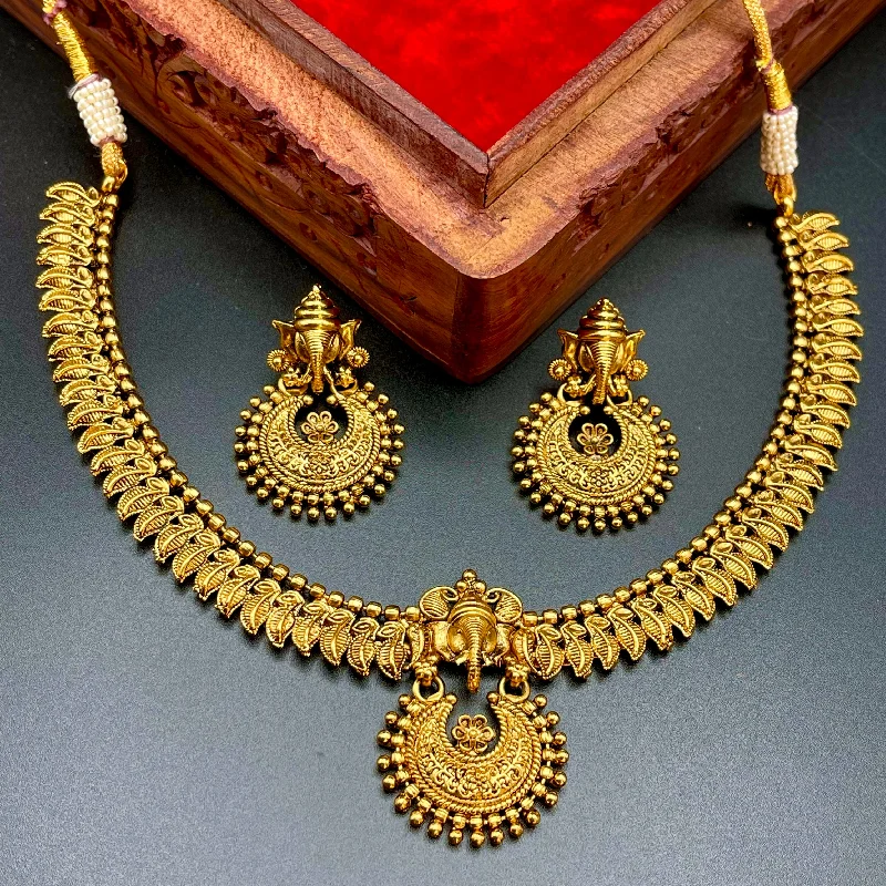 fashion necklaces for women -Traditional Antique Gold Finish Ganesha and Leaf Necklace