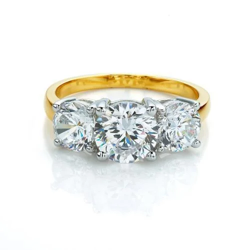 designer rings for women -Three stone ring with 3 carats* of diamond simulants in 10 carat yellow and white gold