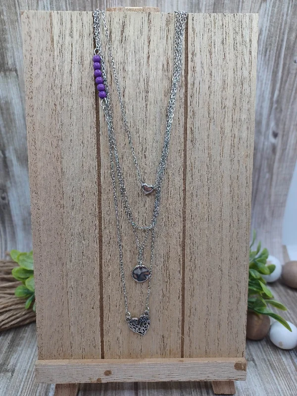 classic necklaces for women -Triple Layered Silver Necklace w/ Purple Beading & Hearts