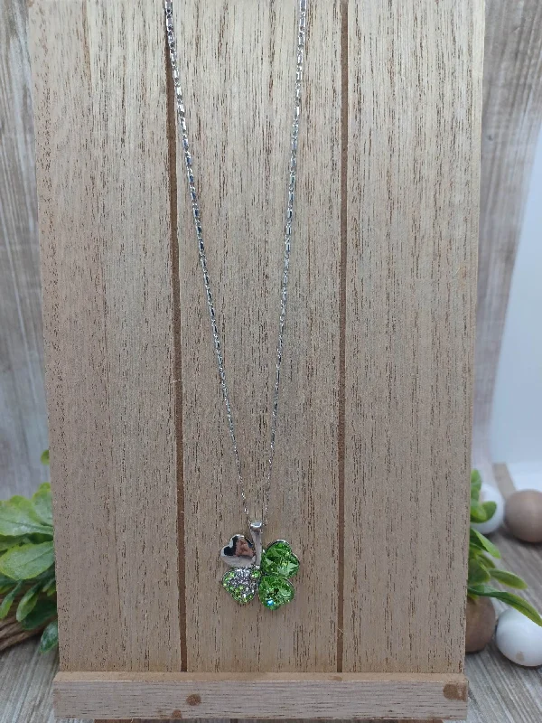 symbolic necklaces for women -Silver Necklace w/ Green & White Rhinestone Shamrock Pendant