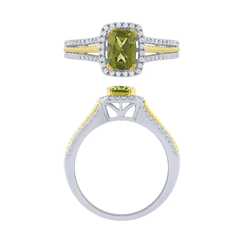 gemstone rings for women -14K Gold 1.02Ct Peridot And Diamond Halo Ring