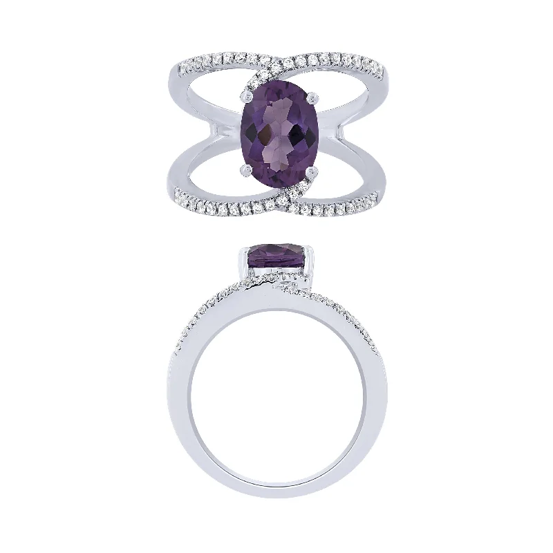 vintage rings for women -14K White Gold Diamond And Amethyst Fashion Ring