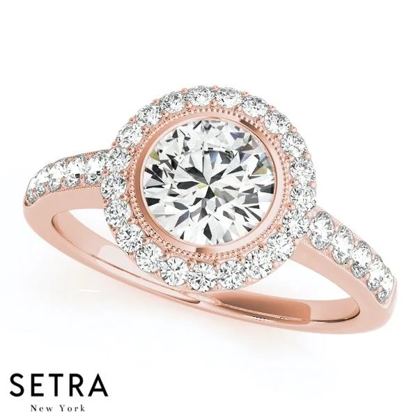 rose gold engagement rings with diamonds -14K FINE GOLD ROUND CUT DIAMOND IN ROUND HALO ENGAGEMENT RING