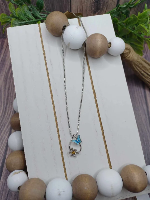 gemstone necklaces for women -Silver Teardrop Necklace w/ Butterfly & Flower