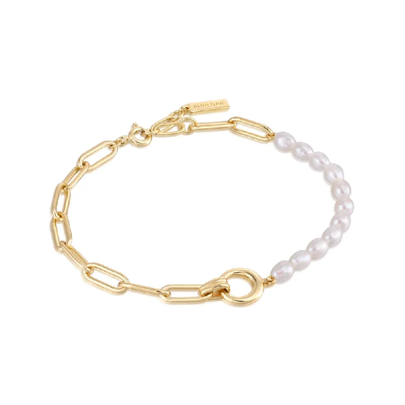 women’s bangle bracelets for parties -women’s bangle bracelets for parties -14K Yellow Gold Plated Paperclip Chain & Pearl Strand Bracelet by Ania Haie