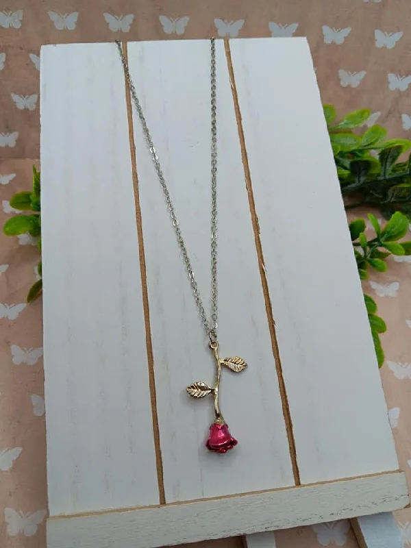 silver necklaces for women -Silver Necklace w/ Red Rose Pendant