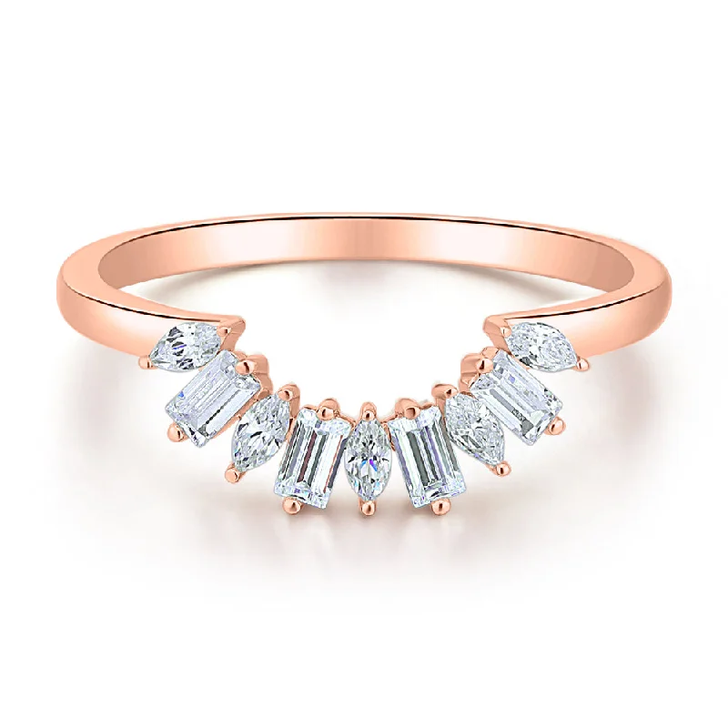 chic gemstone rings for women -Baguette curved wedding or eternity band with 0.45 carats* of diamond simulants in 10 carat rose gold