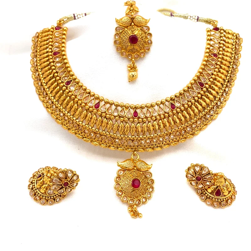 crystal necklaces for women -Marvelous Bridal Kerala Style Antique Gold Necklace set with Jhumka