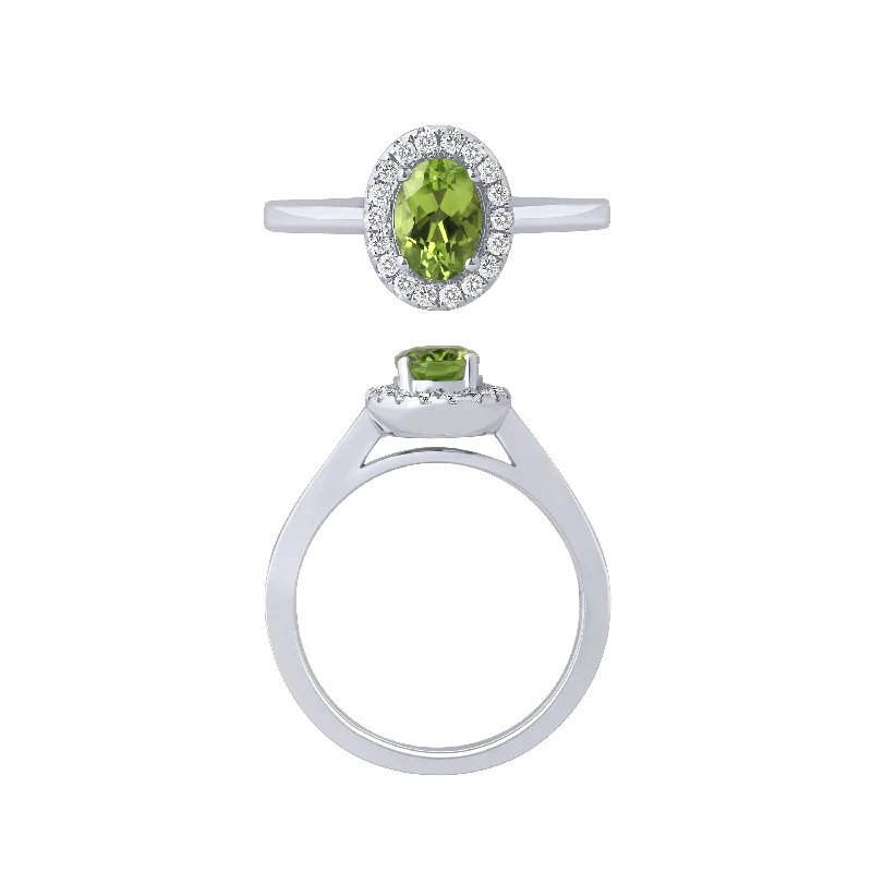 women’s gemstone promise rings -14K White Gold Peridot And Diamond Halo Ring