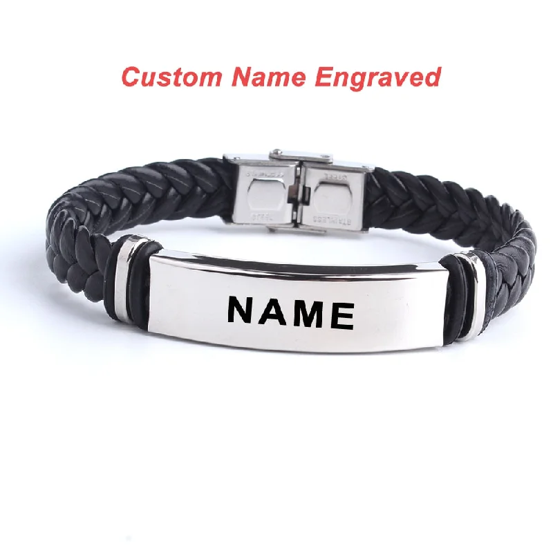 adjustable bangles for women -adjustable bangles for women -Black Custom Engrave Name Leather Bangle & Bracelet Stainless Steel Unisex ID Bracelet