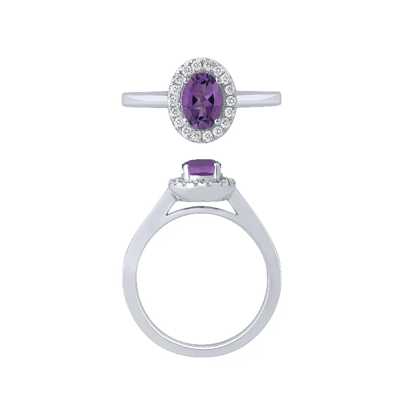 women’s fashion rings with crystals -14K White Gold Amethyst And Diamond Halo Ring