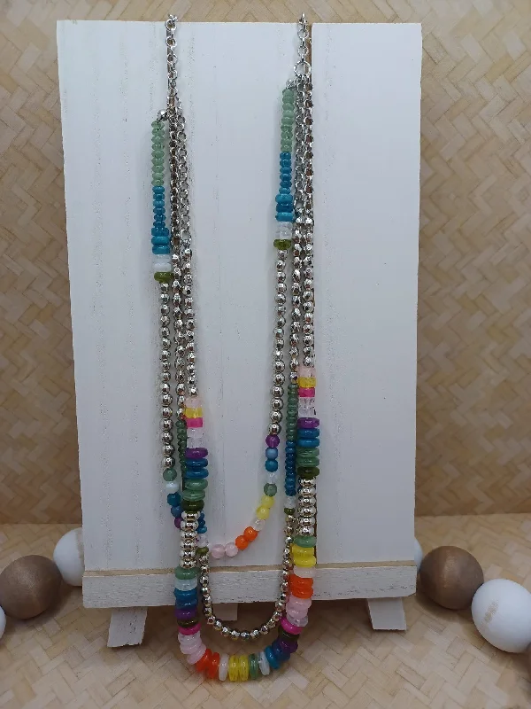 stylish necklaces for women -Silver Layered Necklace w/ Multicolored Beading