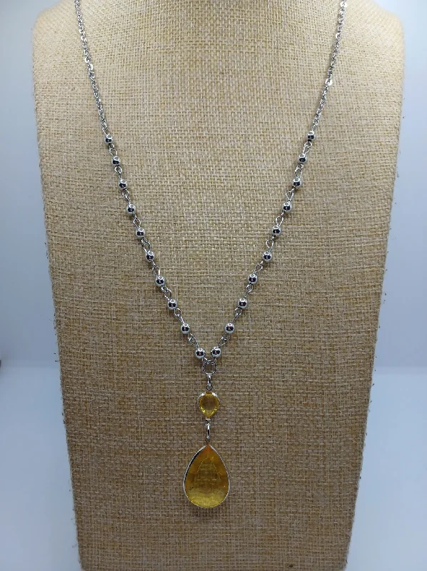 affordable gold necklaces for women -Silver Necklace w/ Satellite Chain & Yellow Teardrop Pendant