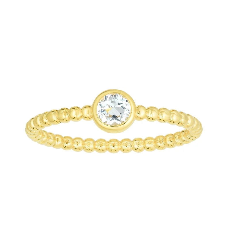 romantic rings for women -14kt Gold Size-7 Yellow Finish 4.5mm Polished Beaded Ring  with  4mm Round Aquamarine