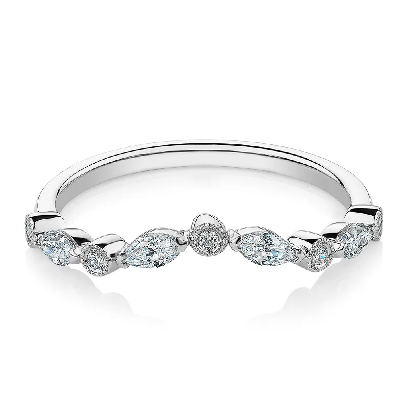 luxury bridal rings -Marquise curved wedding or eternity band with 0.43 carats* of diamond simulants in 10 carat white gold