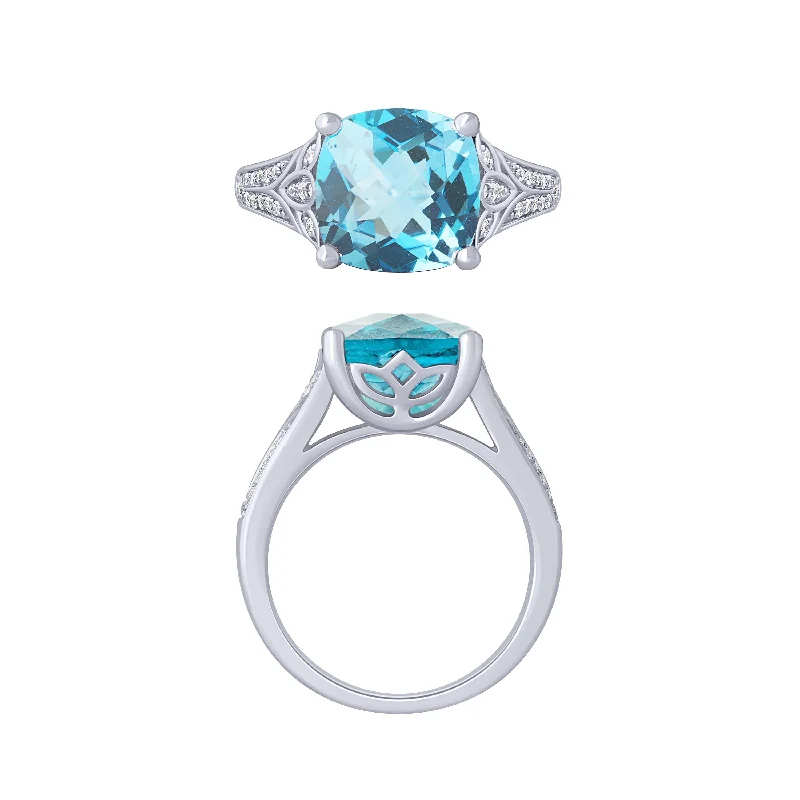 silver rings for women -14K White Gold Cushion Aqua And Diamond Ring