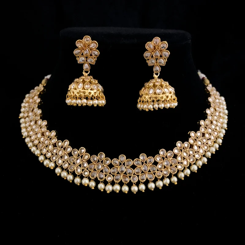 women’s sapphire necklaces -Stunning Antique Gold Designer Choker style Necklace set with LCD Polki style champagne stones and jhumka earring