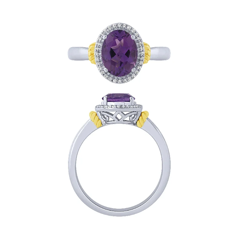 silver wedding rings for women -14K Amethyst And Diamond Halo Ring