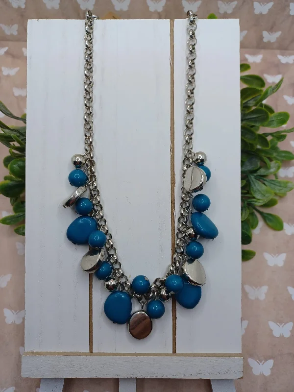 colorful necklaces for women -Silver Necklace w/ Silver & Blue Beading