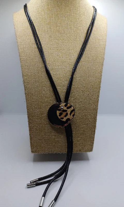 bohemian necklaces for women -Black Leather Style Necklace w/ Silver, Black, & Leopard Stacked Pendant