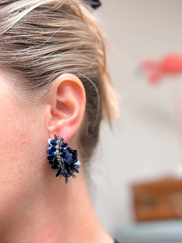 large earrings for women -Shiny Sequin Hoop Earrings - Navy Blue