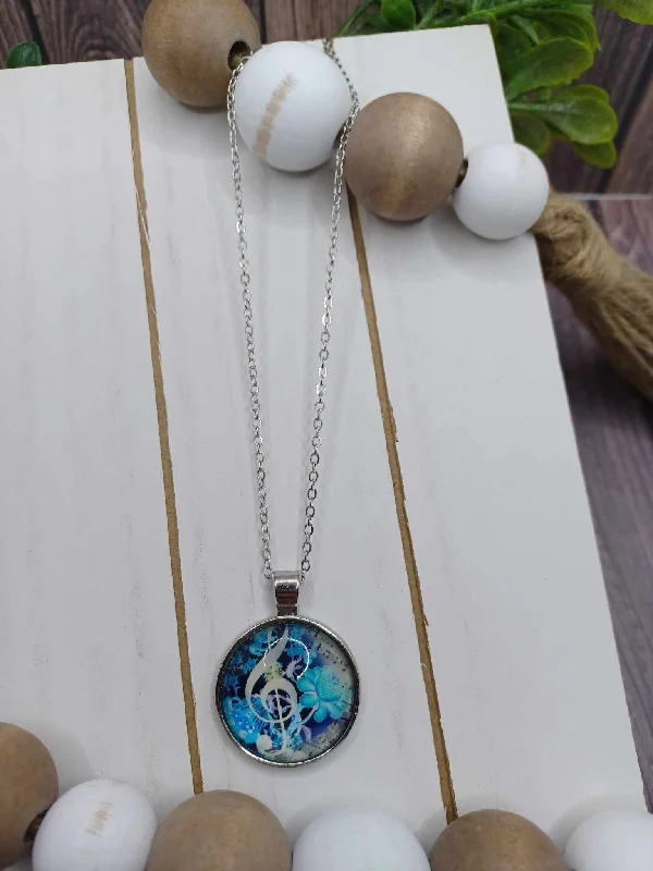 luxury pearl necklaces for women -Silver Necklace w/ Blue Music Pendant