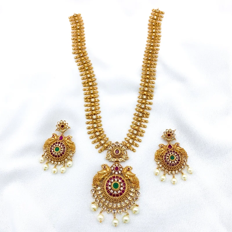 elegant pearl necklaces for women -Traditional Antique Matte Gold polish Peacock Necklace Set