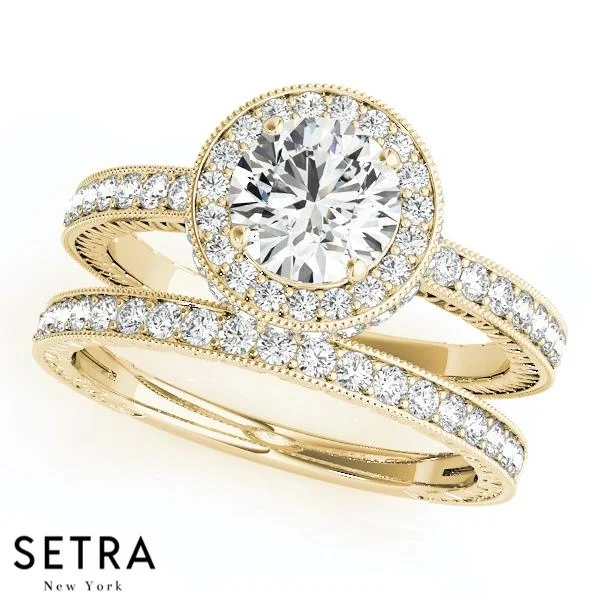 minimalistic engagement rings -14K FINE GOLD DIAMOND IN SEMI-MOUNT HALO ENGAGEMENT & BAND RING