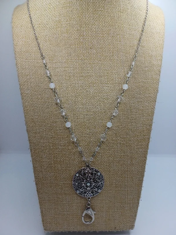 statement necklaces for women -Silver Necklace w/ Filigree Pendant & Iridescent & White Beading & Lanyard Detail